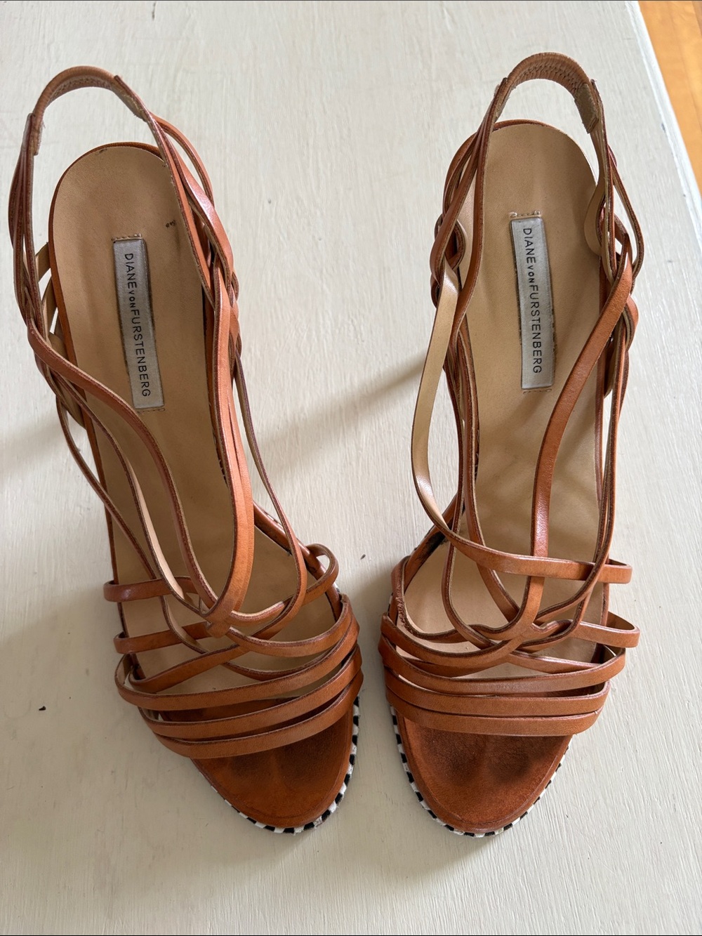 Diane Von Furstenberg Camel Leather Strappy High Heels